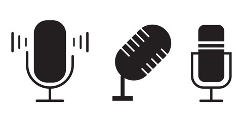 Microphone icon set. audio speech podcast mic vector symbol. thin line microphone pictogram. voice record mike icon in black filled and outlined style.