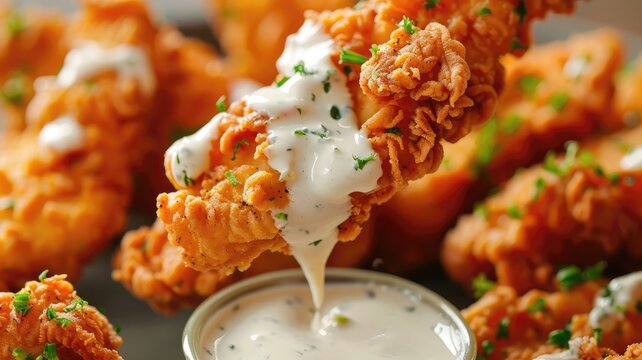 Crispy breaded chicken tenders with ranch dipping sauce and herbs