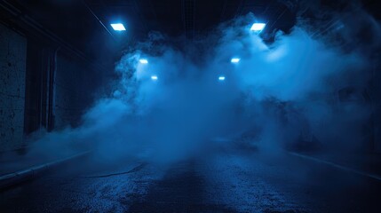 Obraz premium A dark and mysterious street with thick smoke rising from the ground, perfect for use in scenes where something ominous is happening