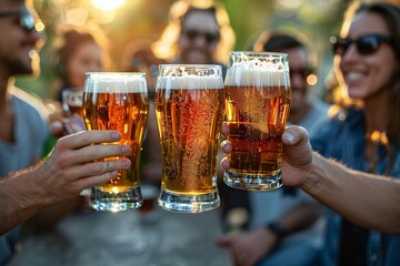 group of friends enjoying happy hour at a local brewery, clinking glasses of craft beer on a sunlit patio with music playing in the background.