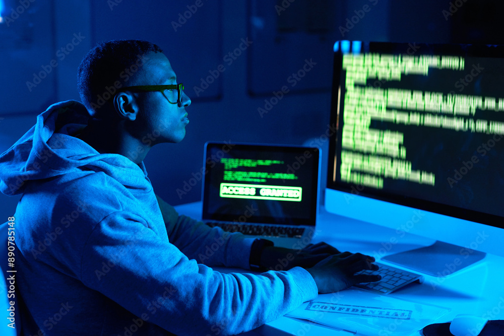 Poster screen, black man or hacker coding on computer for cybercrime, malware or phishing for stealing onli
