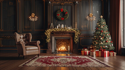 Table set for holidays with Christmas tree and fireplace, with copy space.