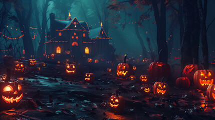 Obraz premium Evil pumpkin and haunted house in a spooky Halloween background