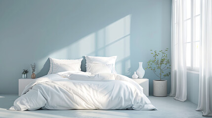 Bright cozy bedroom with sun rays