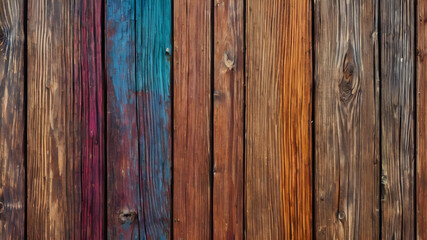 Naklejka premium Old, grungy, colorful wood background. Generative AI