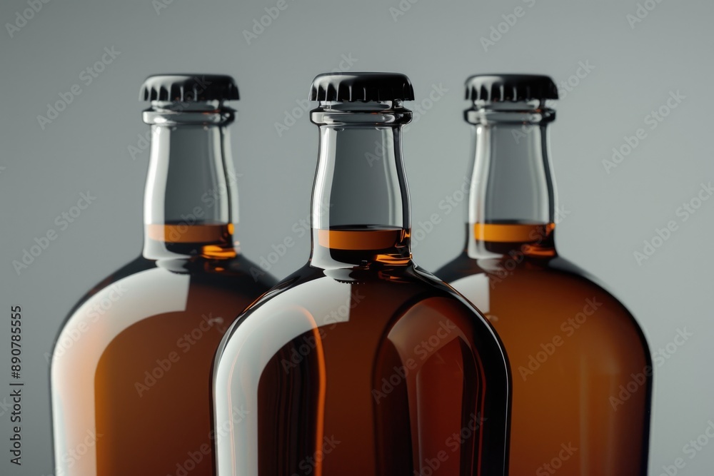 Aufkleber Three empty beer bottles arranged neatly on a table, suitable for use in advertising or editorial content