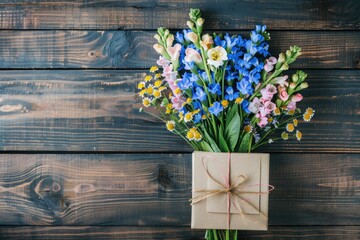 Send Flowers. Beautiful Birthday Bouquet in Gift Box on Wooden Table