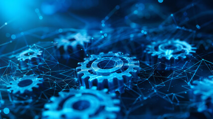 Obraz premium Blue gears with a wireframe mesh illustrate 3D vectors. This design represents technical security, online support, industrial innovation, engineering, digital technology, and cybersecurity.