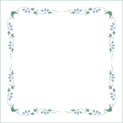 Green floral frame with blue bluebell flowers, bluebells decorative corners for greeting cards, banners, business cards, invitations, menus. Isolated vector illustration.	