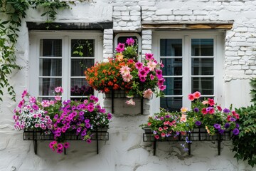 Window Flower Boxes. Bright Flowers Bloom in Colorful Boxes on White Facade