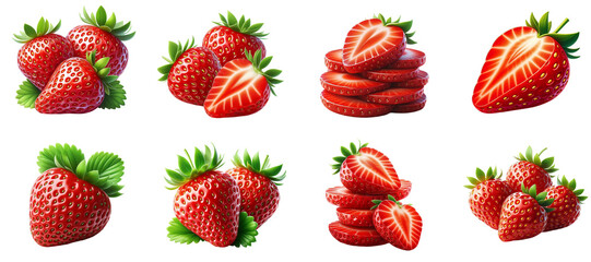 Eight strawberries, some whole, some halved, and some sliced, all showcasing their vibrant red color and fresh green leaves against a transparent background, PNG file, perfect for graphic design.