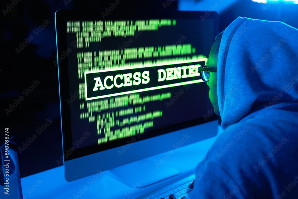 Fototapete theft, man or hacker with computer or screen for cybercrime, malware or phishing for stealing online