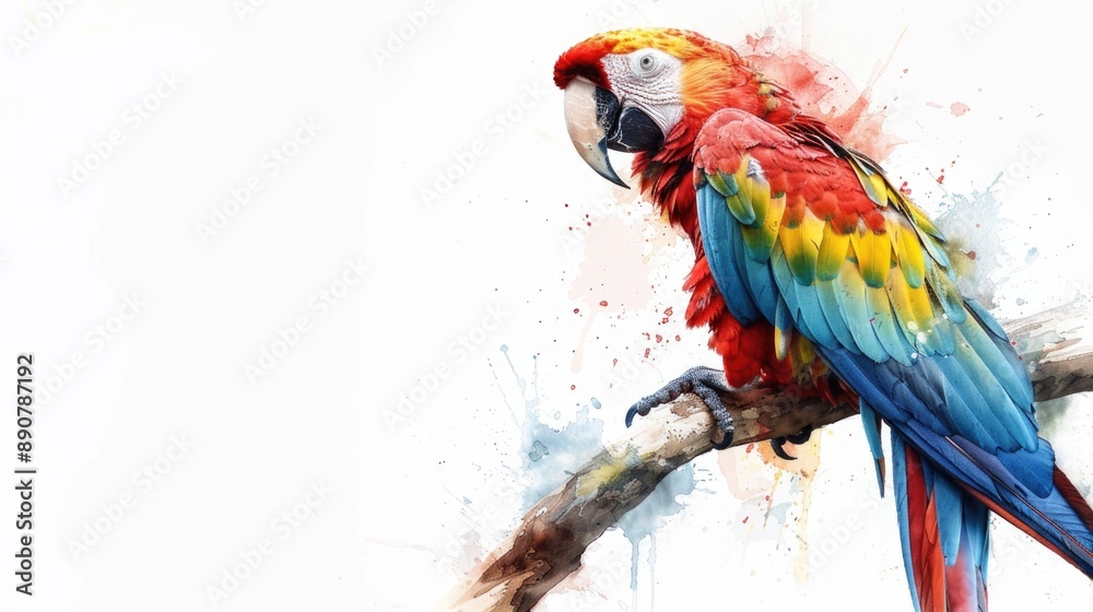 Poster a vibrant parrot perches on a branch, its feathers glowing with color
