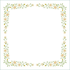 Elegant green and yellow vegetal ornamental frame with daisy flowers, decorative border, corners for greeting cards, banners, business cards, invitations, menus. Isolated vector illustration.	
