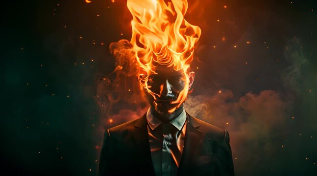 A man with a face made of fire and smoke. Generate AI Video