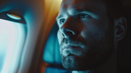 A man with a beard is looking out the window of an airplane