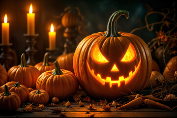 Halloween-themed scene with a carved pumpkin prominently displayed, surrounded by several whole pumpkins and lit candles.