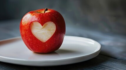 Red apple with carved heart shape on white plate