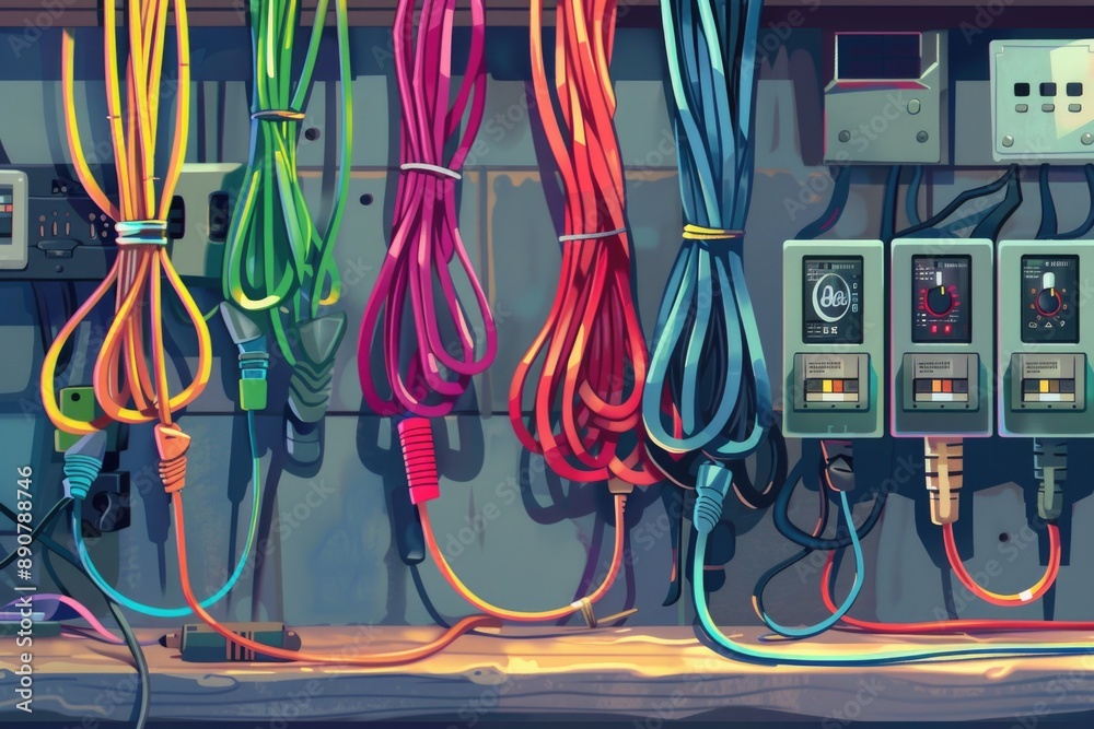 Poster A bundle of colorful cords connected to various electrical devices, ideal for use in illustrations about technology or innovation