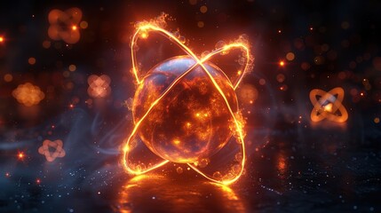 Obraz premium Luminous 3D atom icon on dark background with glowing energy balls, molecule structure, trace atoms, and electrons.
