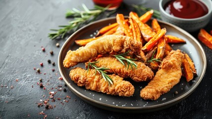 Crispy fried chicken tenders and sweet potato fries on black plate garnished with rosemary