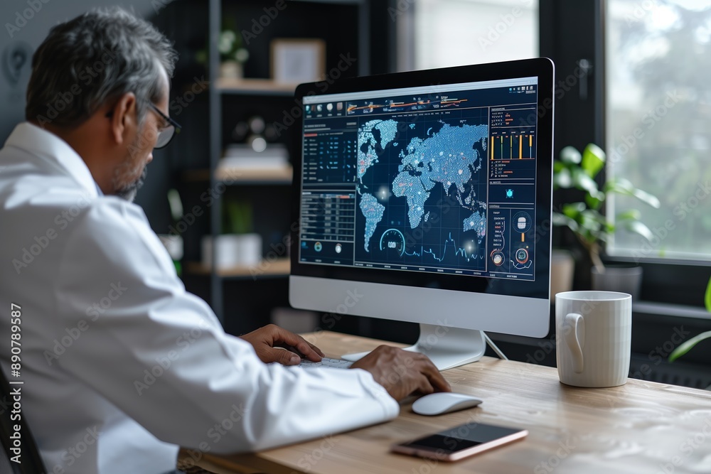 Poster man working on computer with global data visualization in office