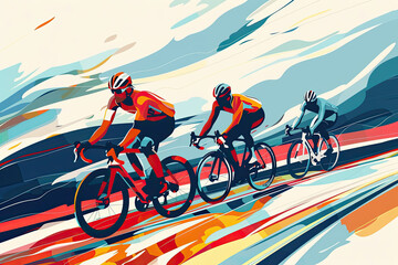 Vibrant and dynamic illustration of a road cycling race, showcasing a burst of colorful abstract design