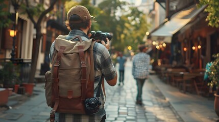 Hipster tourist holding a camera walking around