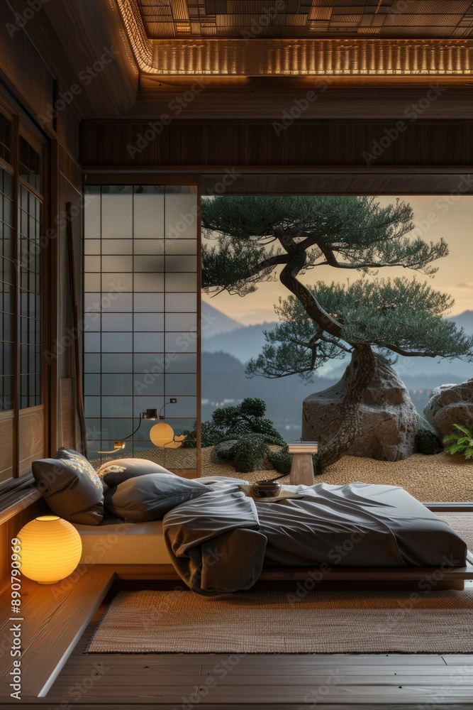 Poster a cozy bedroom with a large window offering a scenic view of mountains in the distance