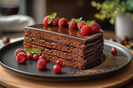 A brown chocolate cake with fresh berries and mint leaves on a black plate, and kitchen in the background, creating a soft, romantic atmosphere. Ideal for spring themed celebrations or bakery ads.