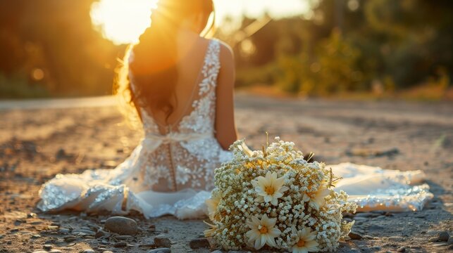 Heartbroken bride abandoned at altar, tears fall, wedding bouquet discarded, sunlight shining, banner