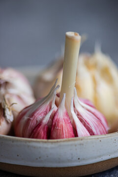 Close-up view of fresh garlic cloves in a ceramic bowl