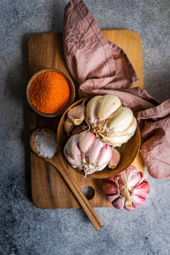 Artistic Culinary presentation with garlic and spices