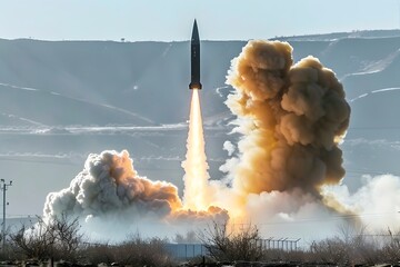 A missile launch with smoke and white plumes, capturing the entire background of gray sky and distant horizon with smoke billowing out of its tip.