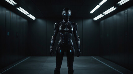 An ultrarealistic photograph of a minimalist futuristic full-body power suit, without lights, made of black matte metal and polymer, with a full crystal hull. the suit is designed for a fit woman, ex