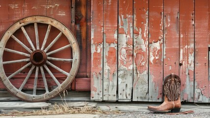 Rustic barn wall with wagon wheel and cowboy boot