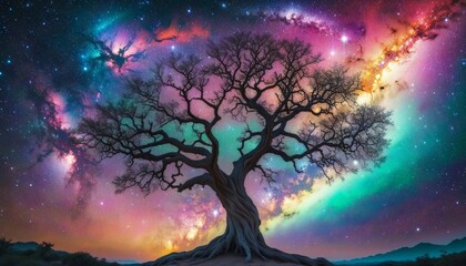 magic tree landscape with moon and stars
