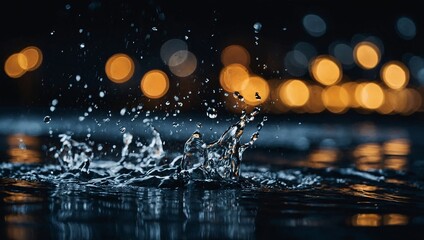 Bokeh of splashing water and lights on dark surface