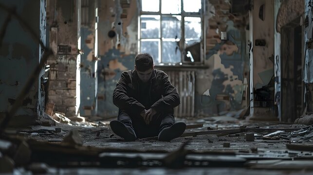 Man sitting in a run-down building