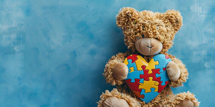 The theme of World Autism Awareness Day features a teddy bear clutching a puzzle or jigsaw design on its heart.