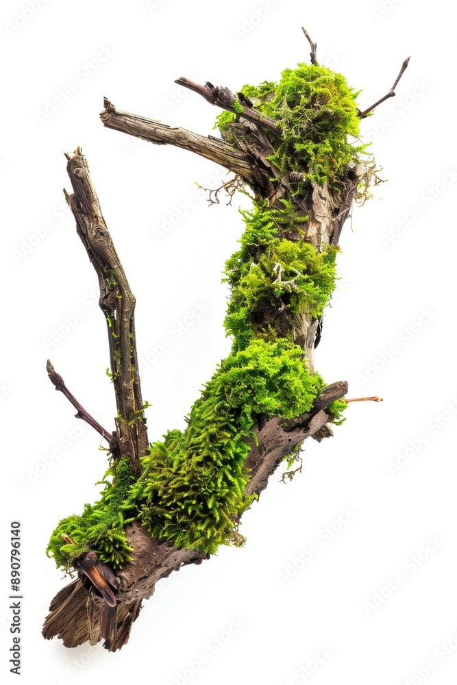 Poster A close-up of a moss-covered tree branch on a white background, suitable for use in designs and compositions