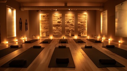 An empty heated Pilates studio with mats laid out, dim lighting, and a tranquil atmosphere