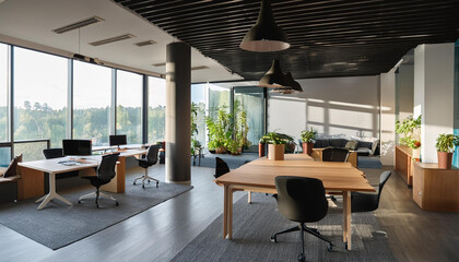 Fototapeta premium Modern Office Space with Relax Corner and Window View