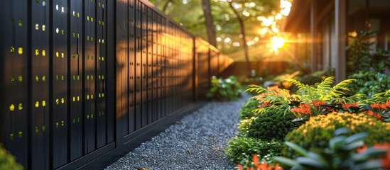 Modern Garden Path with Black Fence and Lush Greenery