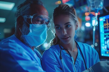Experienced Male Doctor and Young Female Nurse Working in Hospital at Night