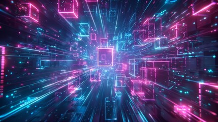Obraz premium technology virtual reality blockchain neon cube data stream background created with generative ai technology