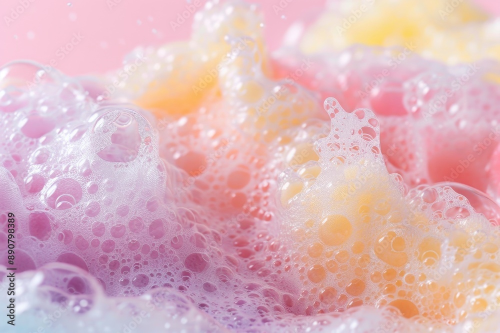 Poster close-up view of colorful soap bubbles on a pink surface