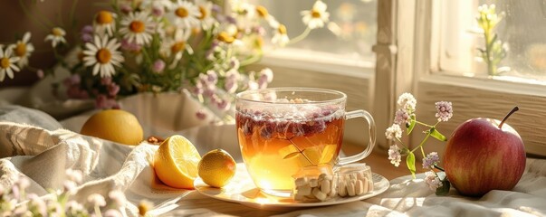 A cup of tea on a table by a window, with lemons, an apple and flowers.