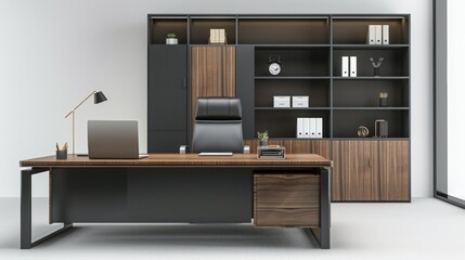 Contemporary office desk with drawers and shelves. Modern design with drawers and folders. Business interior design elements. 