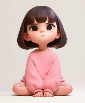 Stubborn angry little girl 3D cartoon character white background